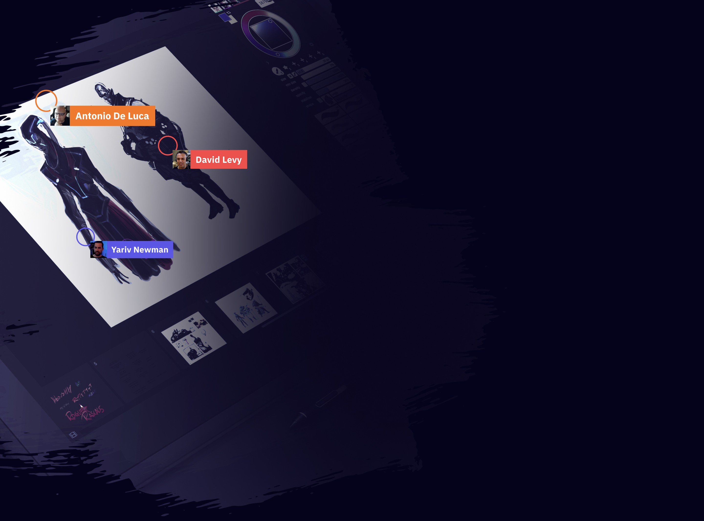 A medieval-themed game environment where multiple team roles — Writer, Producer, and Level Designer — collaborate through comments and video chat to discuss in-game changes.