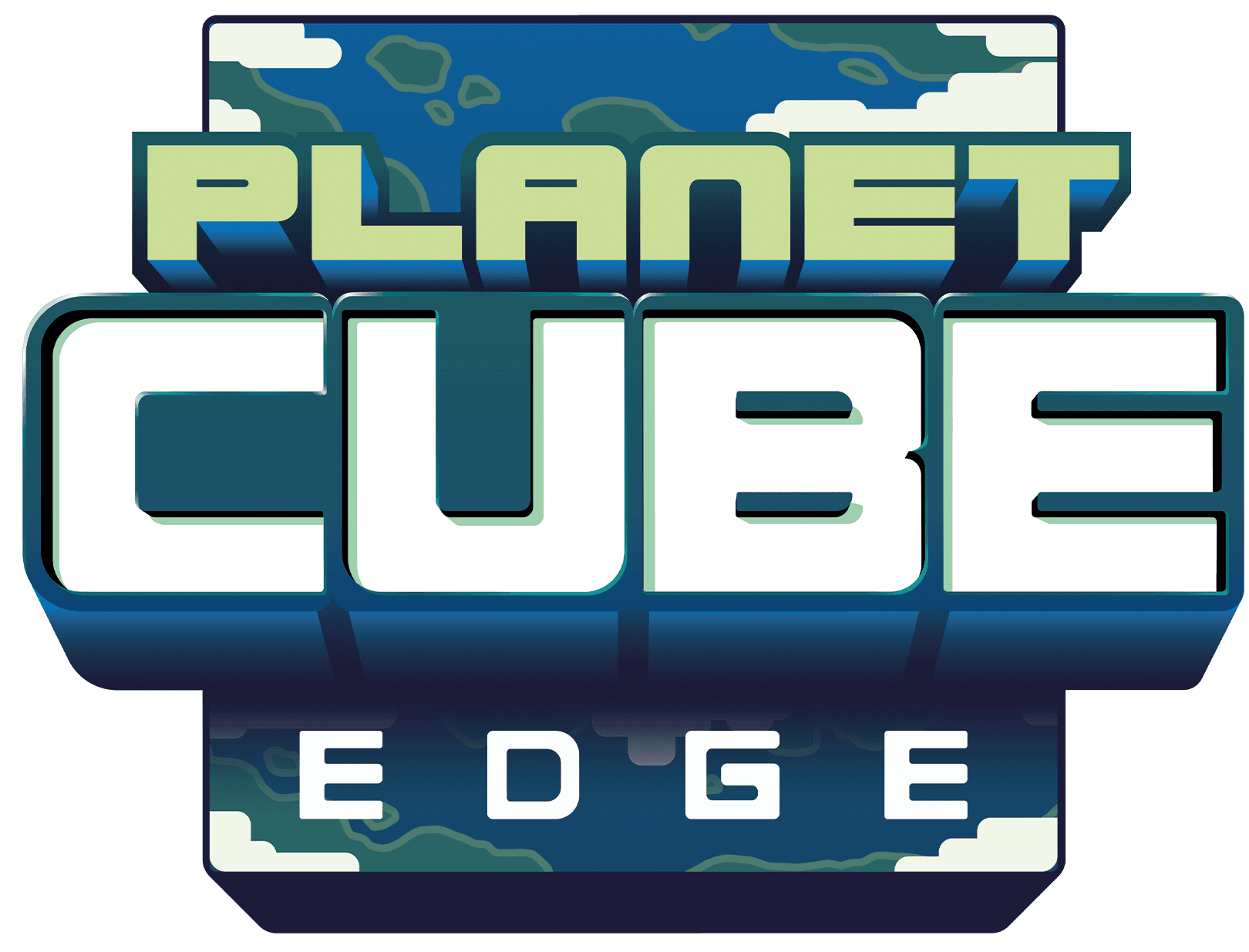 Planet Cube Edge game logo with blocky, sci-fi styled text in blue and white on a dark background.
