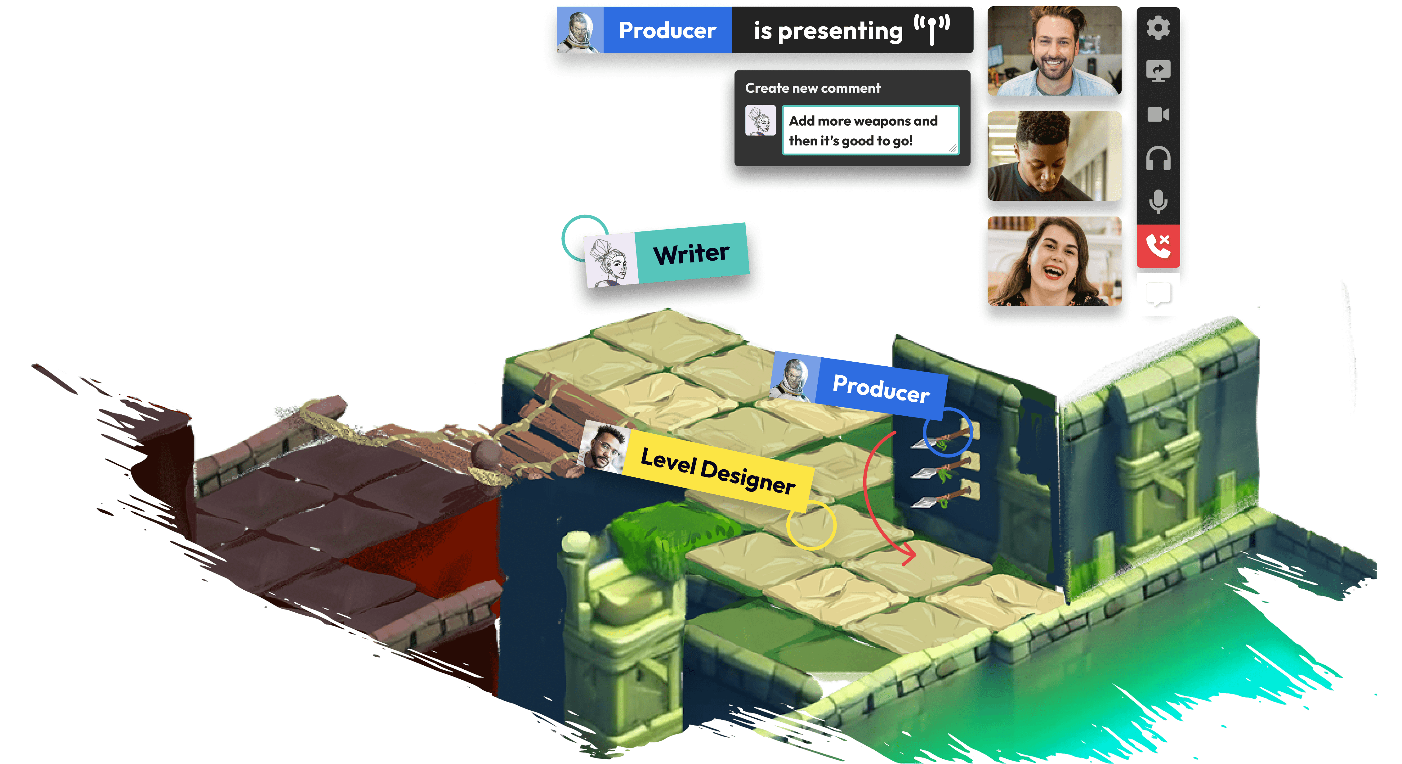 A medieval-themed game environment where multiple team roles — Writer, Producer, and Level Designer — collaborate through comments and video chat to discuss in-game changes.