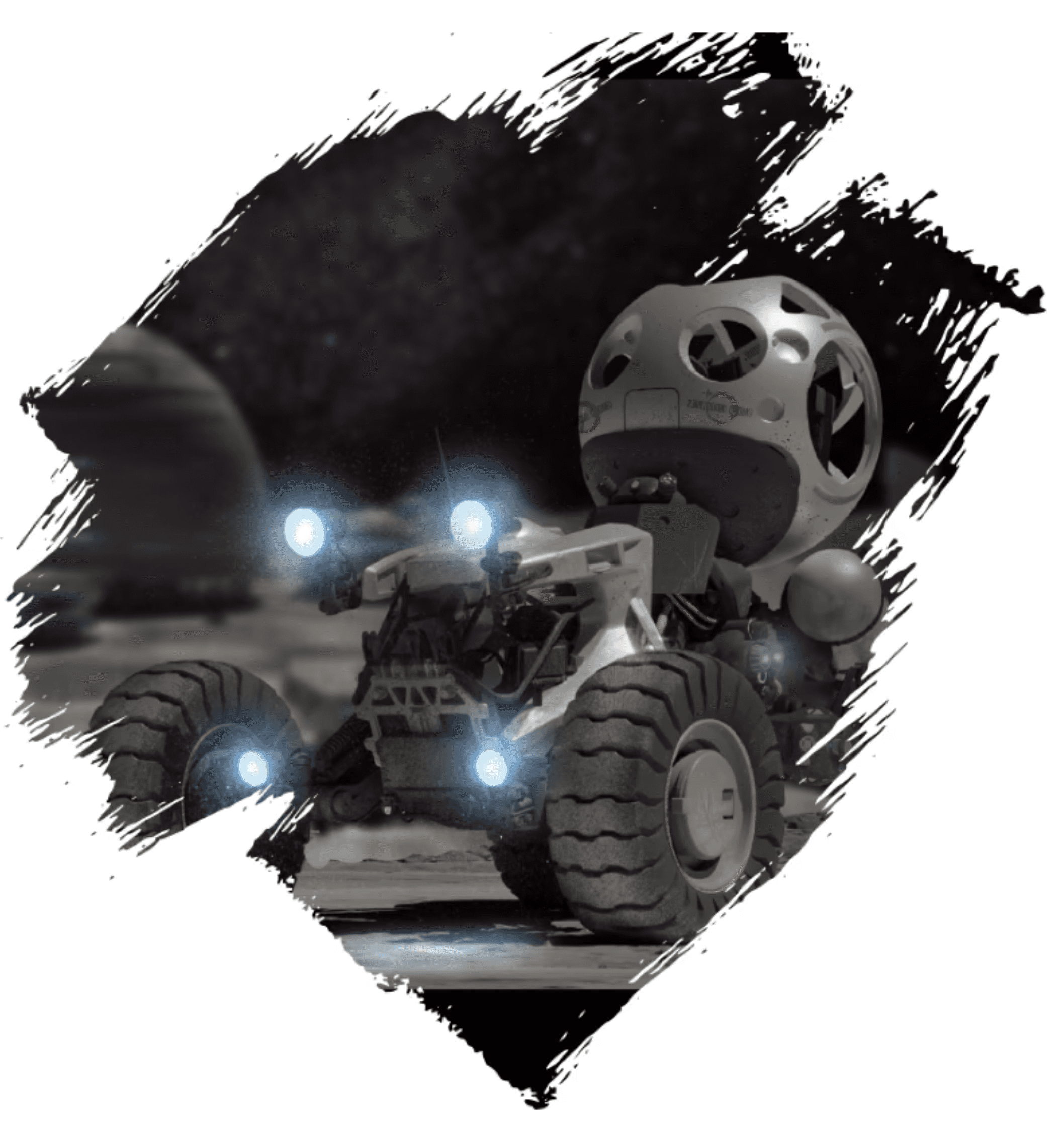 3D rendered lunar rover driven by a robot character with futuristic lights, set against a dark sci-fi background