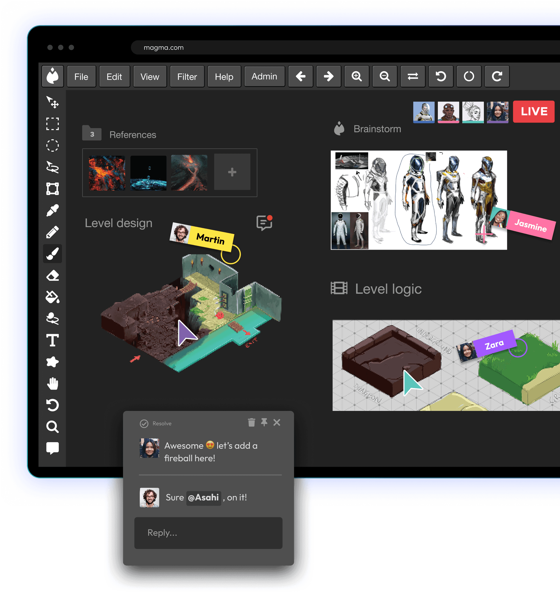 A cosmic illustration being edited collaboratively by team members labeled Asahi and James, featuring chat interactions and a visible drawing tool palette.