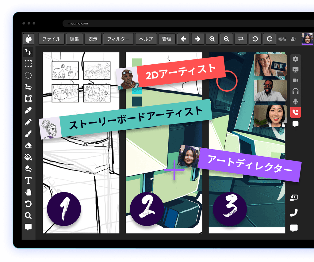 ステージ1、2、3とラベル付けされた3段階のデザインインターフェイスです。ストーリーボードアーティスト、2Dアーティスト、アートディレクターの貢献があります。各コラボレーターはアバターと名前で識別され、右側にはツールコントロールとカラーパレットが表示されています。